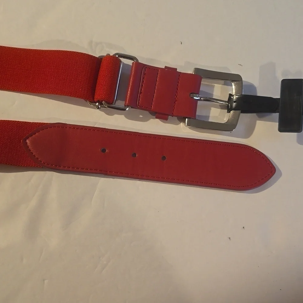 Vintage Mens RED Nylon Elastic Silver Buckle Adjustable Belt Sz.L/XL